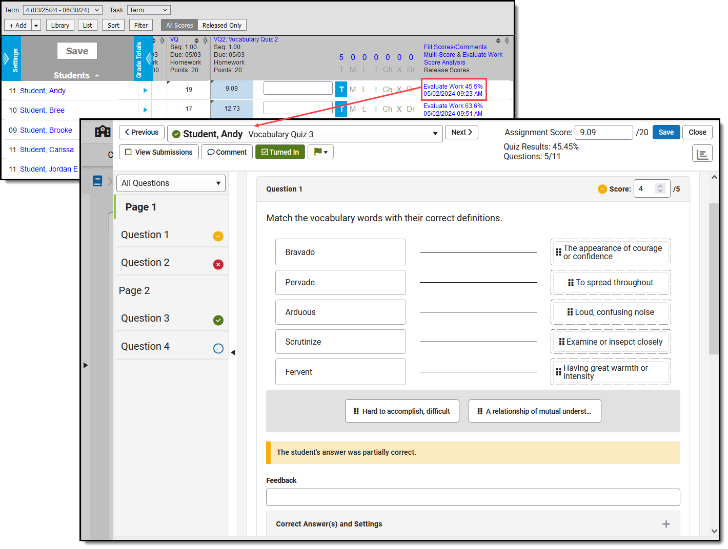 Two-part screenshot highlighting the Evaluate Work link for a quiz in the grade book and the scoring screen with a student's quiz responses. 