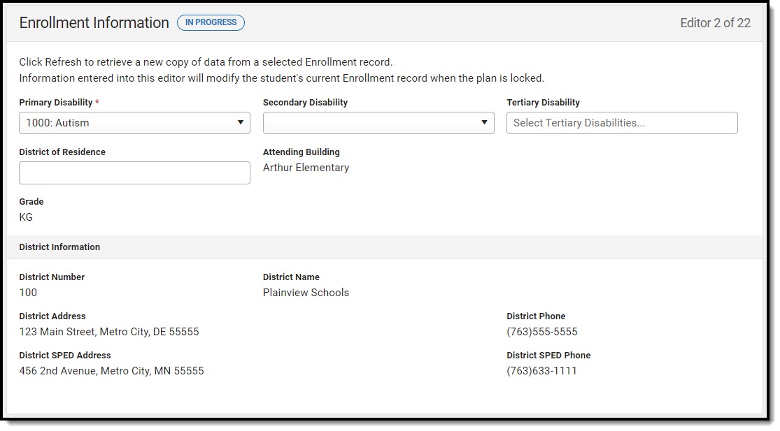 Screenshot of the Enrollment Information Editor. 
