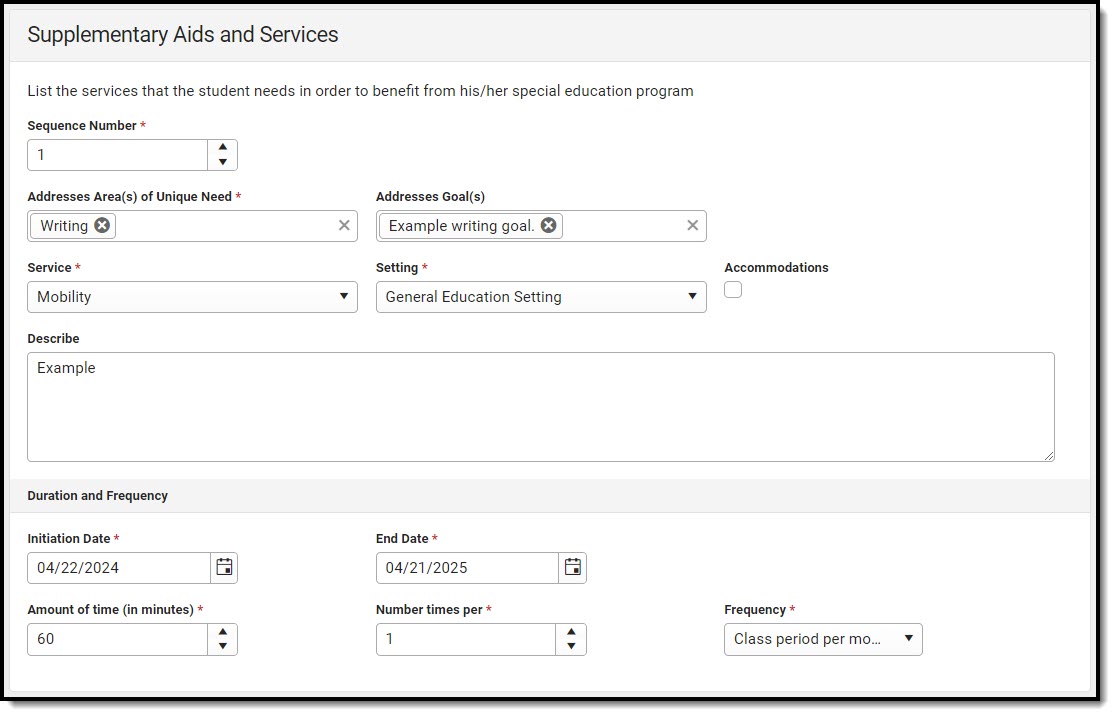 Screenshot of the Supplementary Aids and Services Detail Screen.