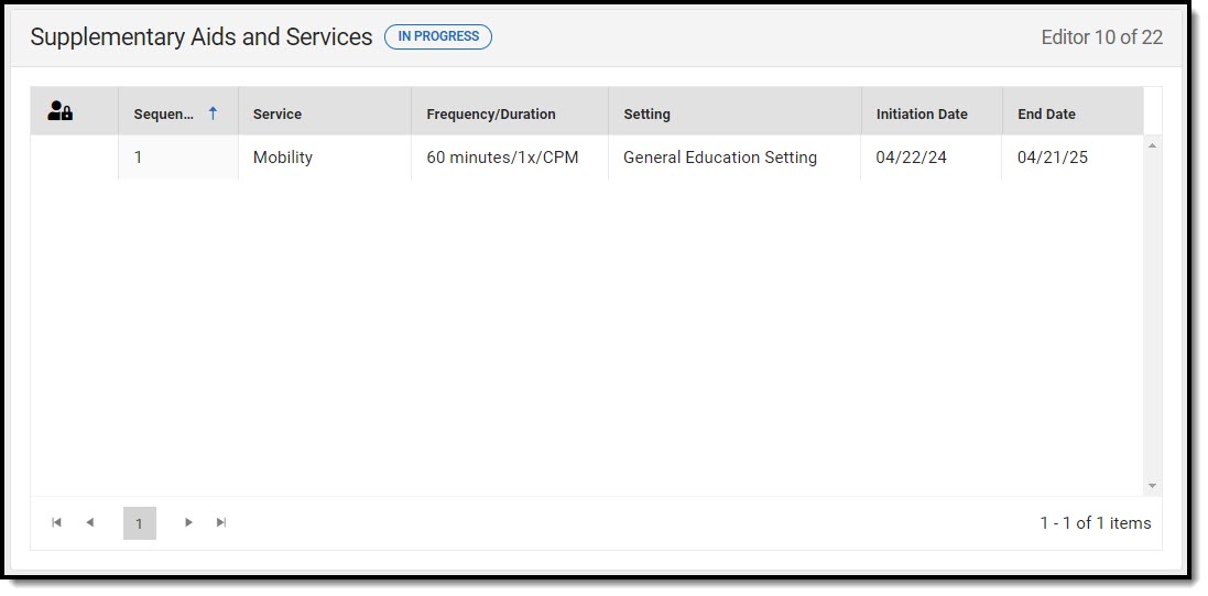 Screenshot of the Supplementary Aids and Services List Screen.