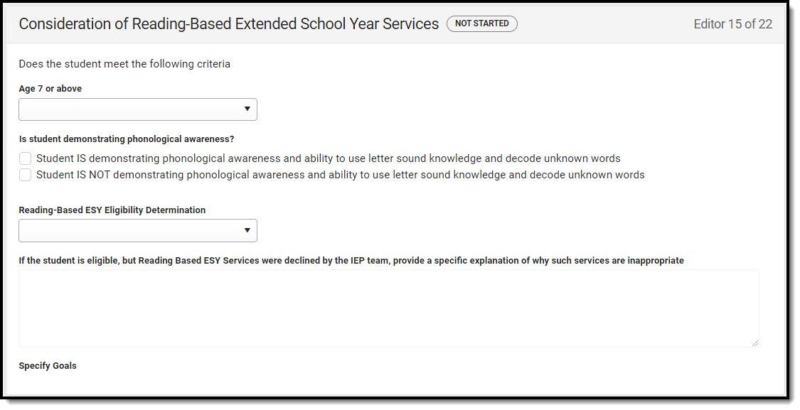 Screenshot of the Consideration of Reading-Based Extended School Year Services Editor.
