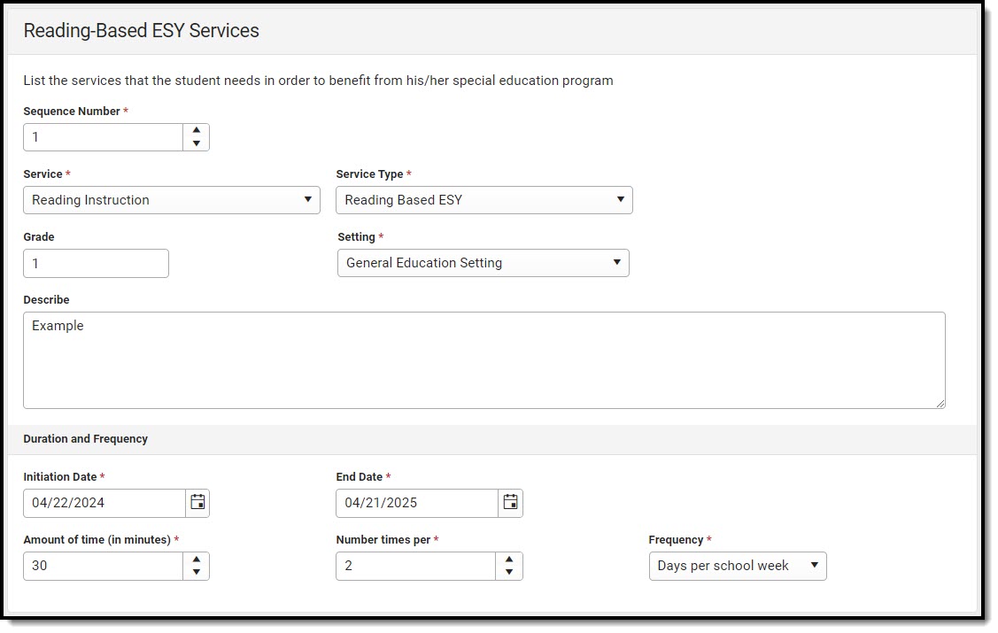 Screenshot of the Reading-Based ESY Services Detail Screen.