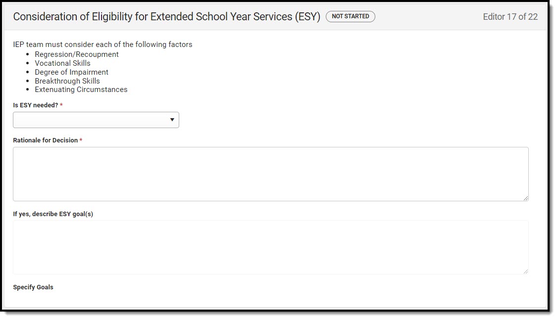 Screenshot of the Consideration of Eligibility for Extended School Year Services (ESY) Editor.
