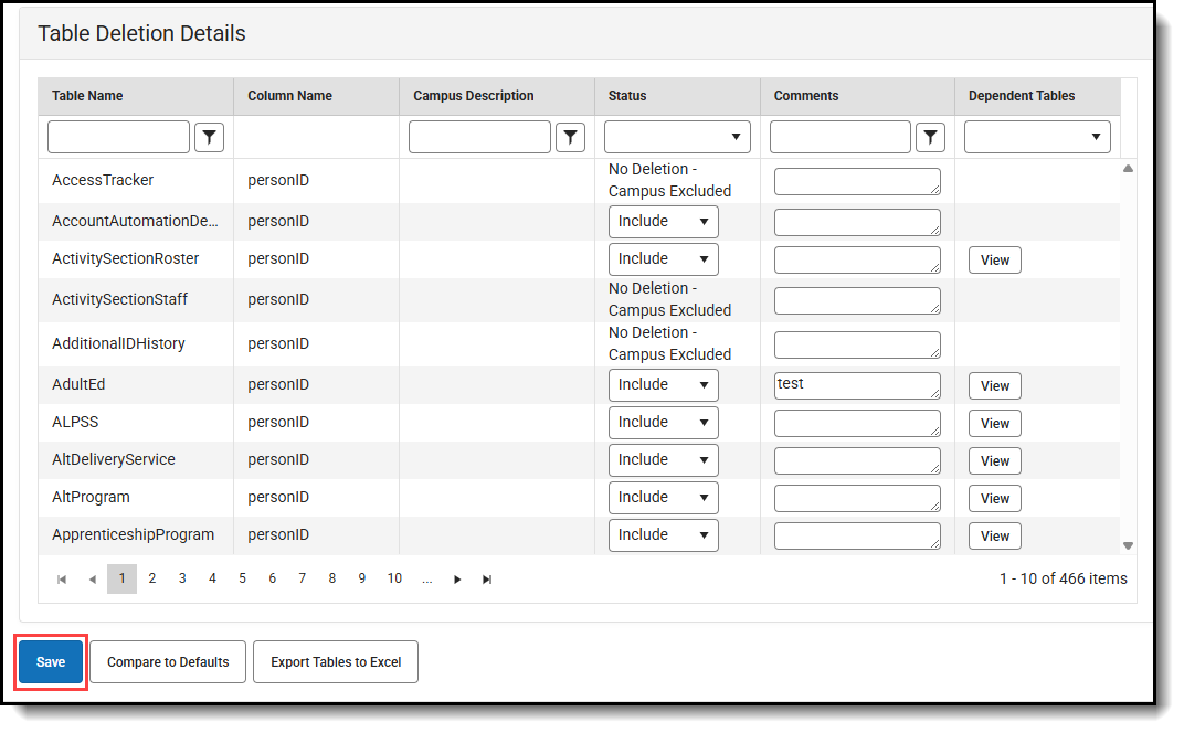Screenshot of saving tables