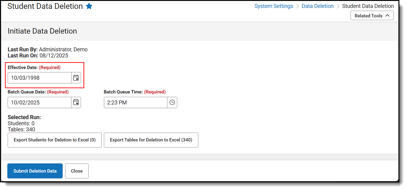 Screenshot of the effective date field