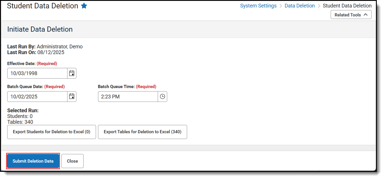 Screenshot of Run data deletion button