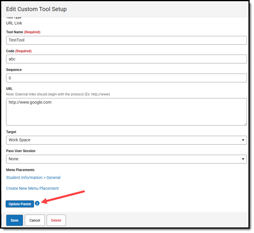 screenshot of the edit custom tool editor open and the update parent button highlighted