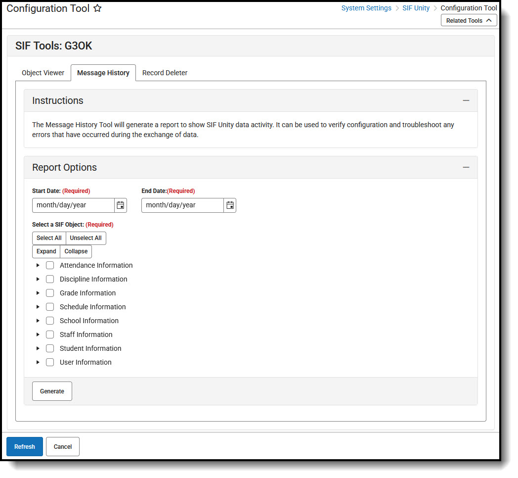 Screenshot of SIF Message History editor.