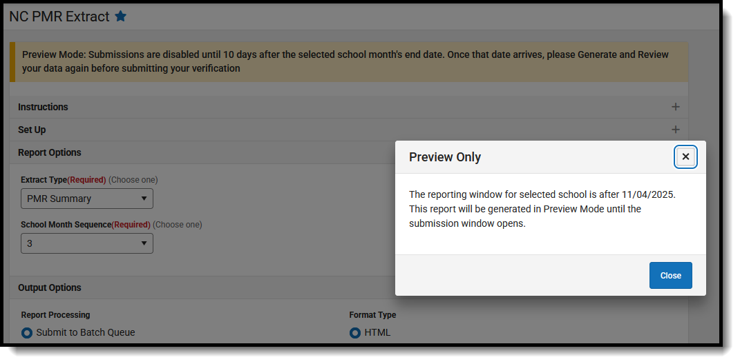 Screenshot of the Preview Mode on the PMR Report, showing the banner and popup message indicating the report generates as a preview.