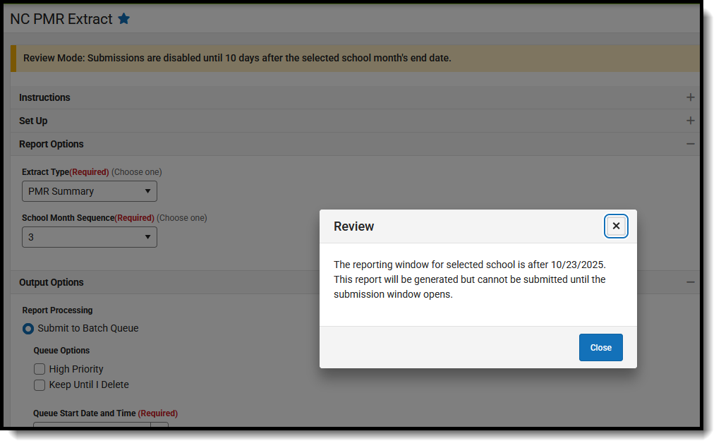 Screenshot of the Review Mode on the PMR Report, showing the banner and popup message indicating the report generates as a review.