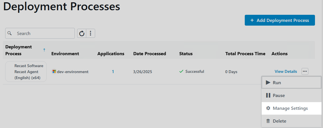 Patching Settings page with cog highlighted next to environment