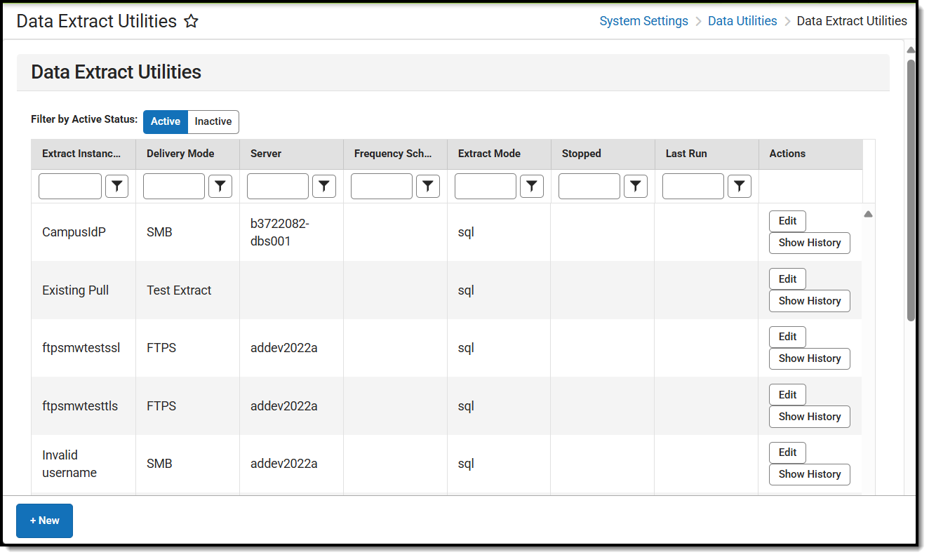 screenshot of the data extract utilities extract list