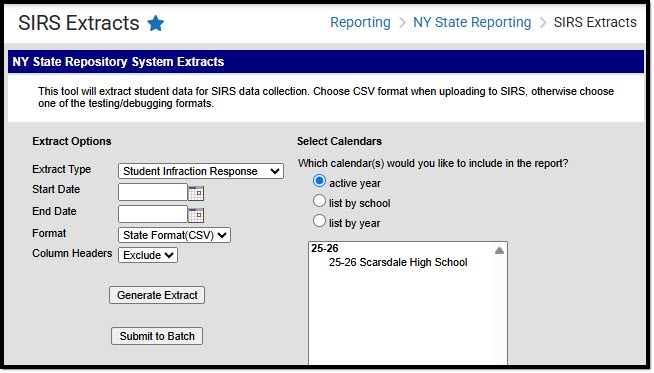 Screenshot of the SIRS Student Infraction Rsponse extract editor.