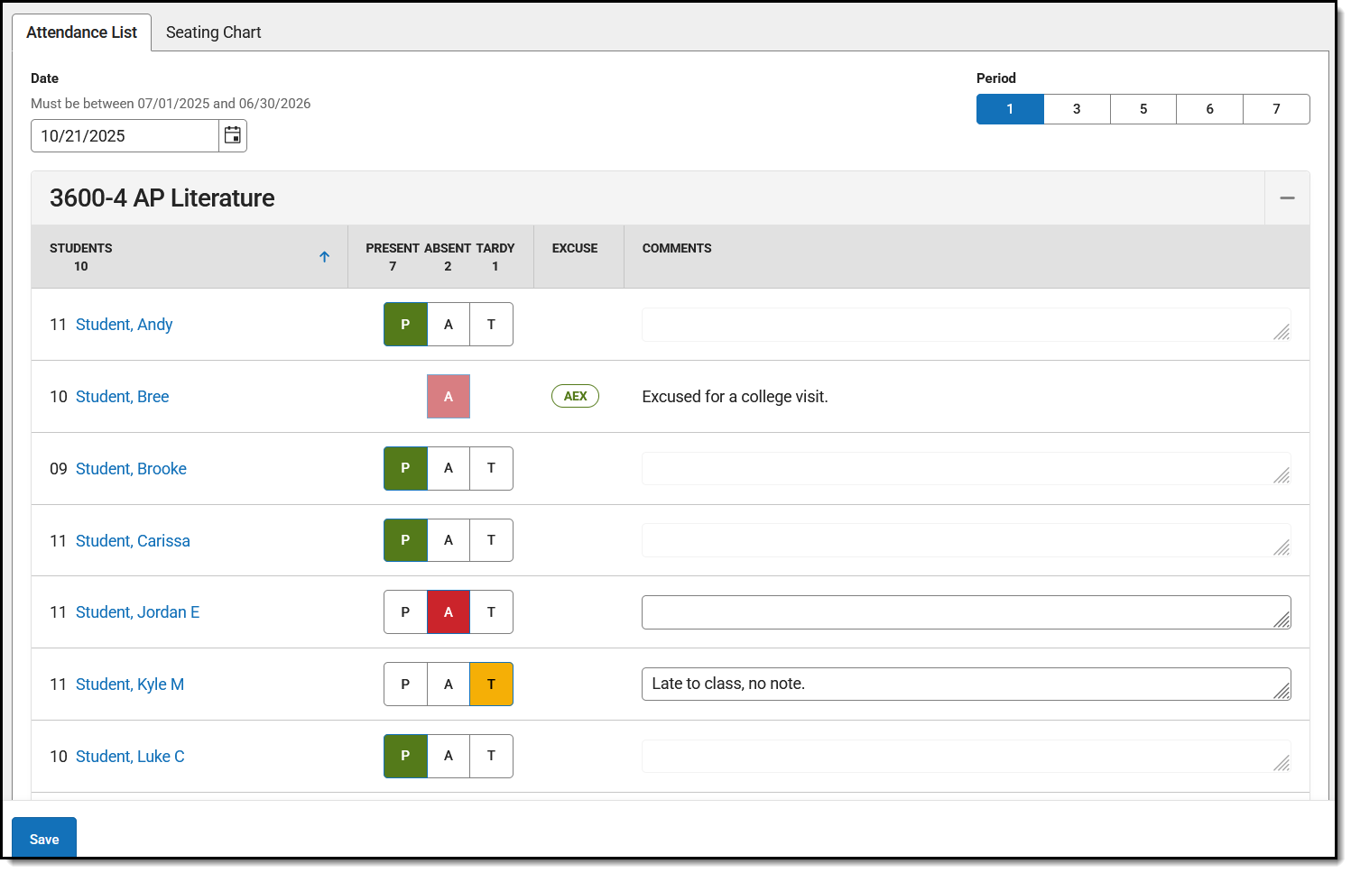 Screenshot of the attendance tool, with periods listed along the top and students listed by section, with P/A/T indicators for each and comments.