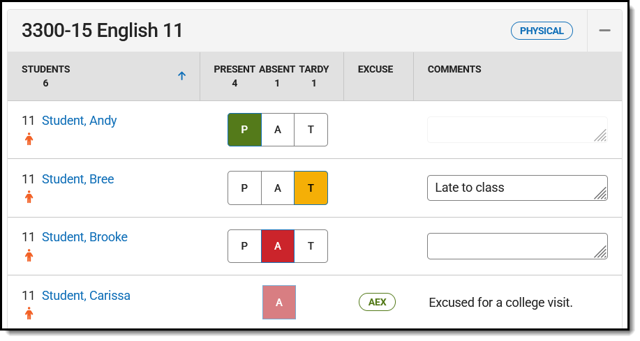 Screenshot of the Physical attendance section.
