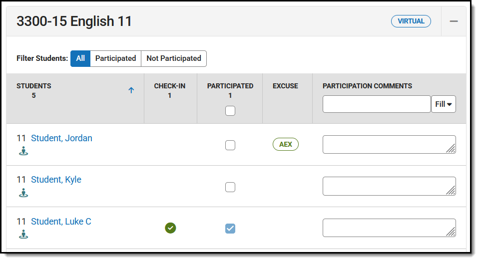 Screenshot of the Virtual attendance section.