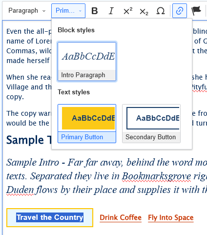 screenshot wysisyg format options for buttons