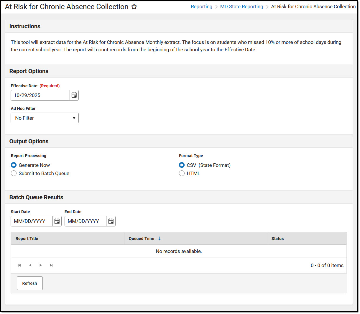 Screenshot of the At Risk for Chronic Absence Collection Editor