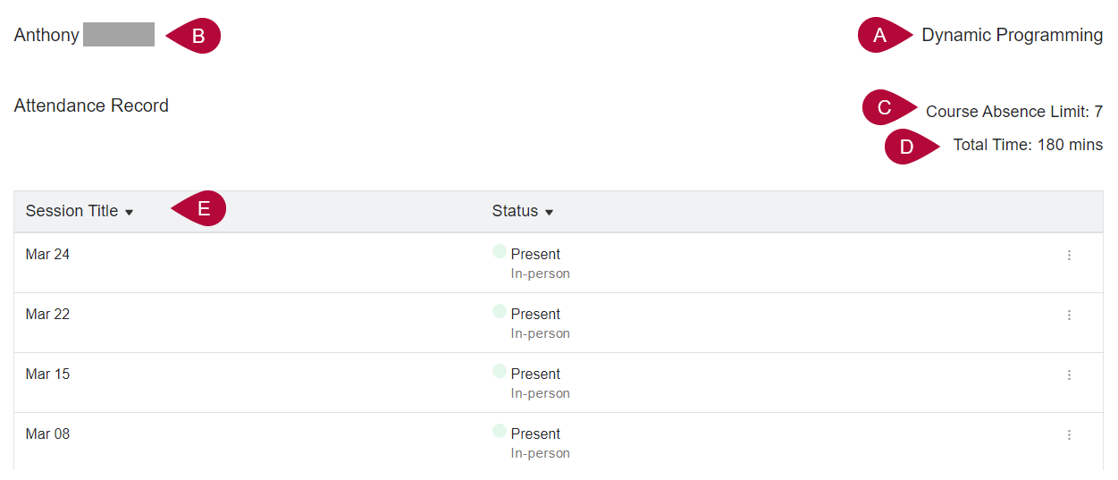 Student view of their Attendance Record, including their name, course name, course absence limit, total time of instruction, and list of sessions.