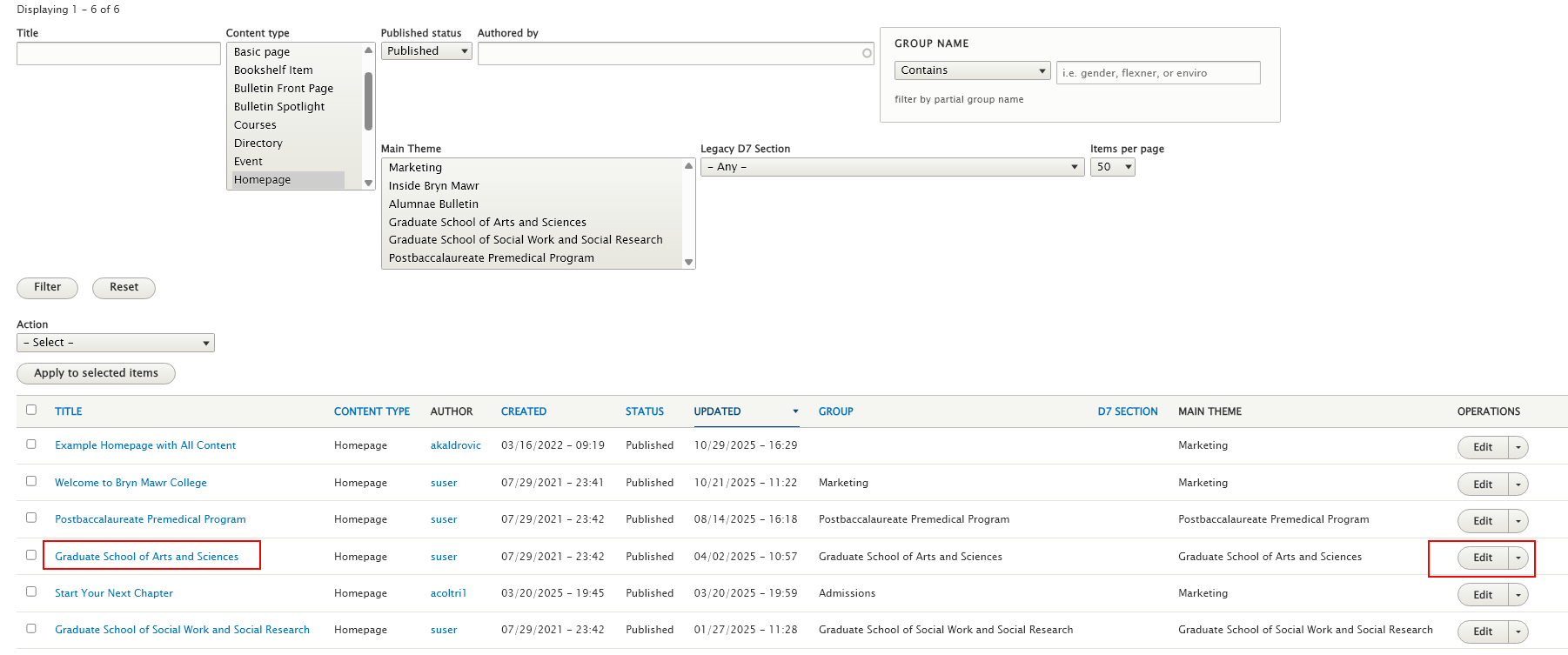screenshot content view with filtered results