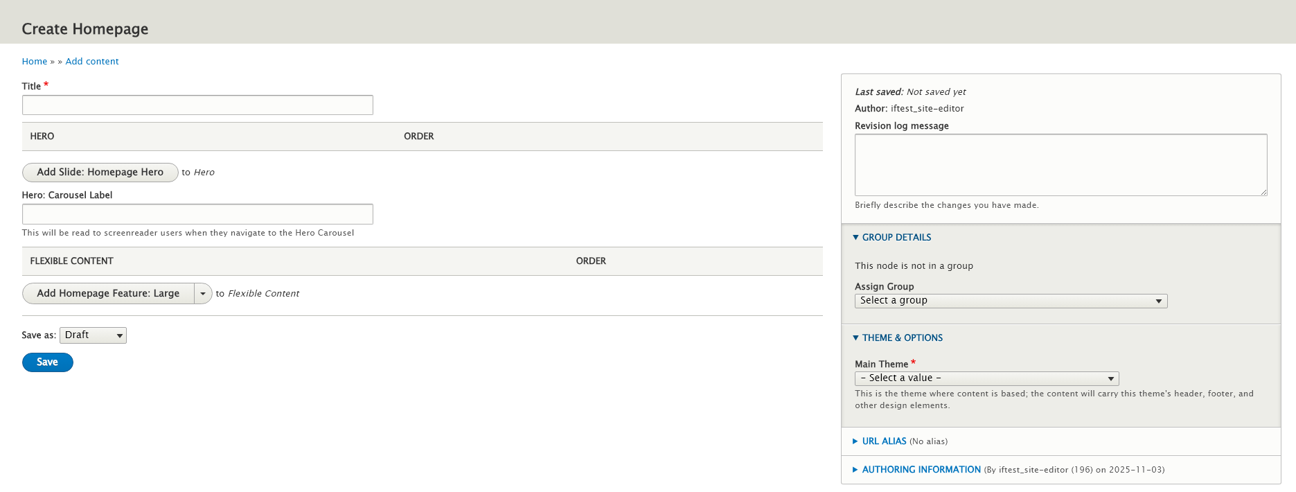 screenshot create homepage form