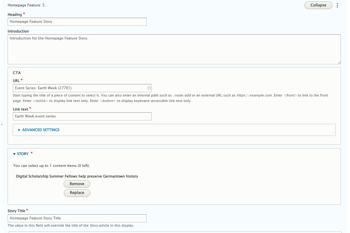 screenshot homepage feature story edit screen