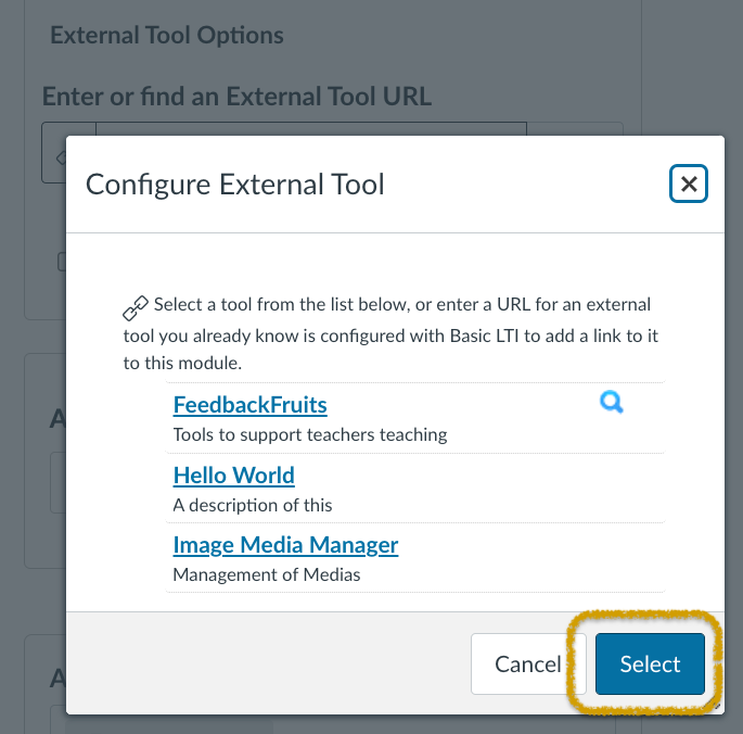 Configure External Tool Menu. Select button is highlighted..