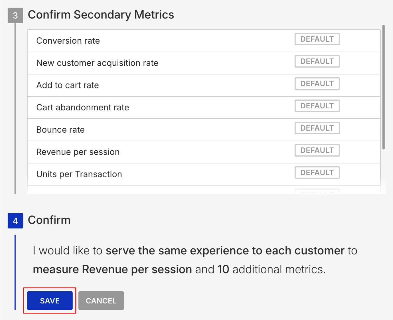 The Confirm statement of the WHY settings, with a callout of the SAVE button