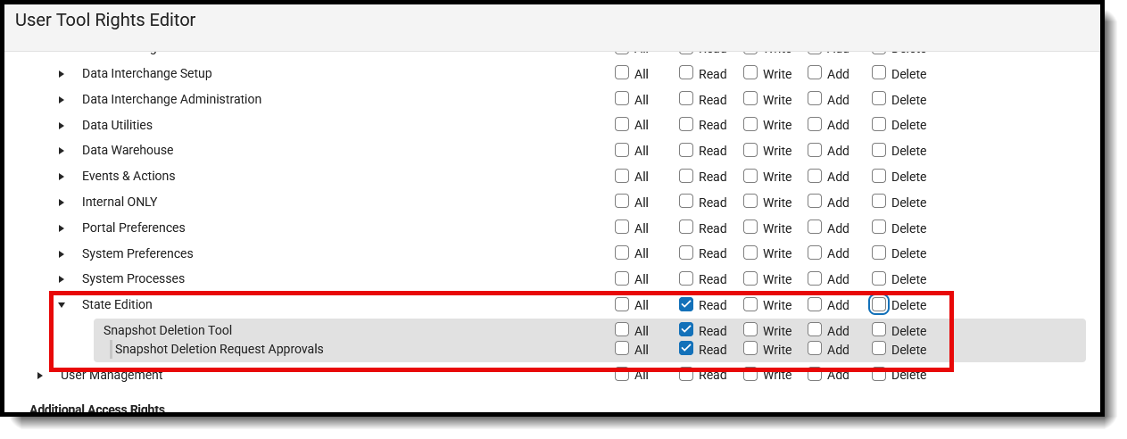 Screenshot of the available tool rights for the Snapshot Deletion Tool for State Edition users