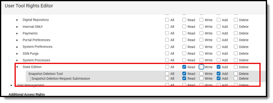 Screenshot of the available tool rights for the Snapshot Deletion Tool for District Edition users