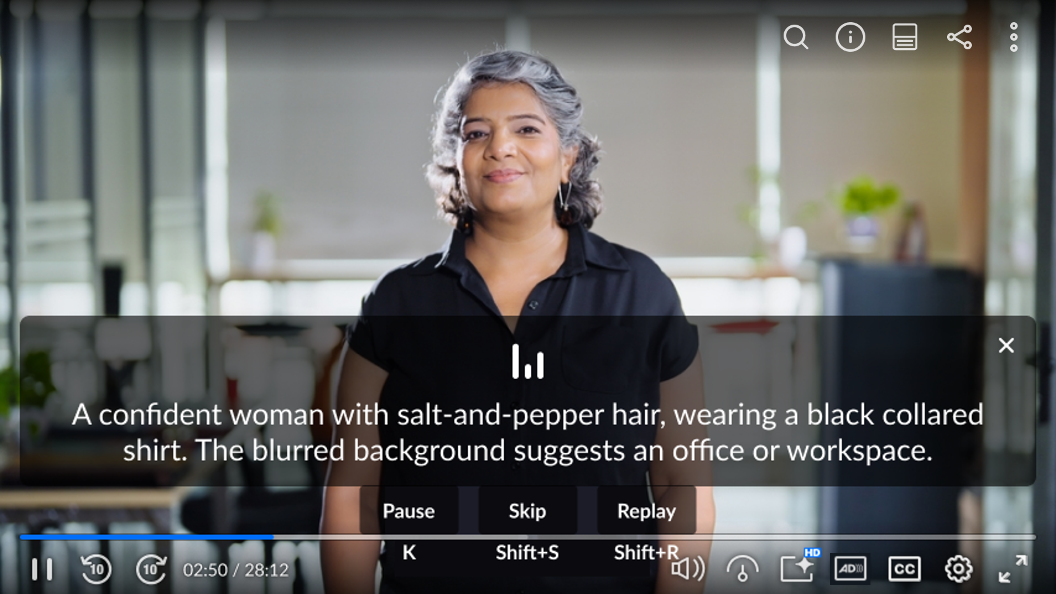 Extended audio description enabled, and Full screen overlay disabled