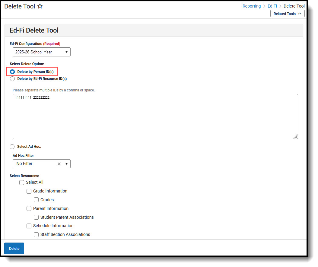 Screenshot of deleting by Person ID.