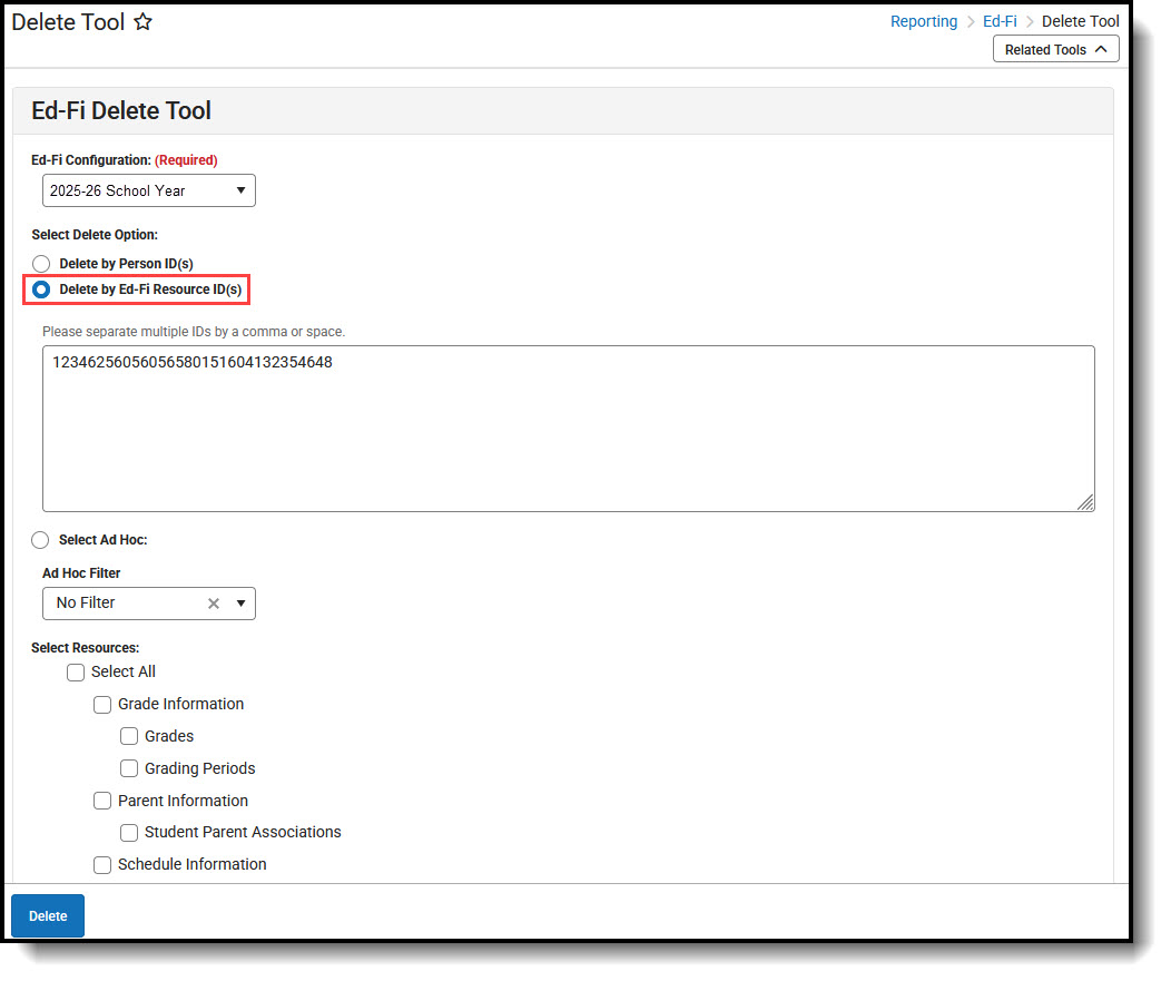 Screenshot of dleting by Ed-Fi Resource ID.