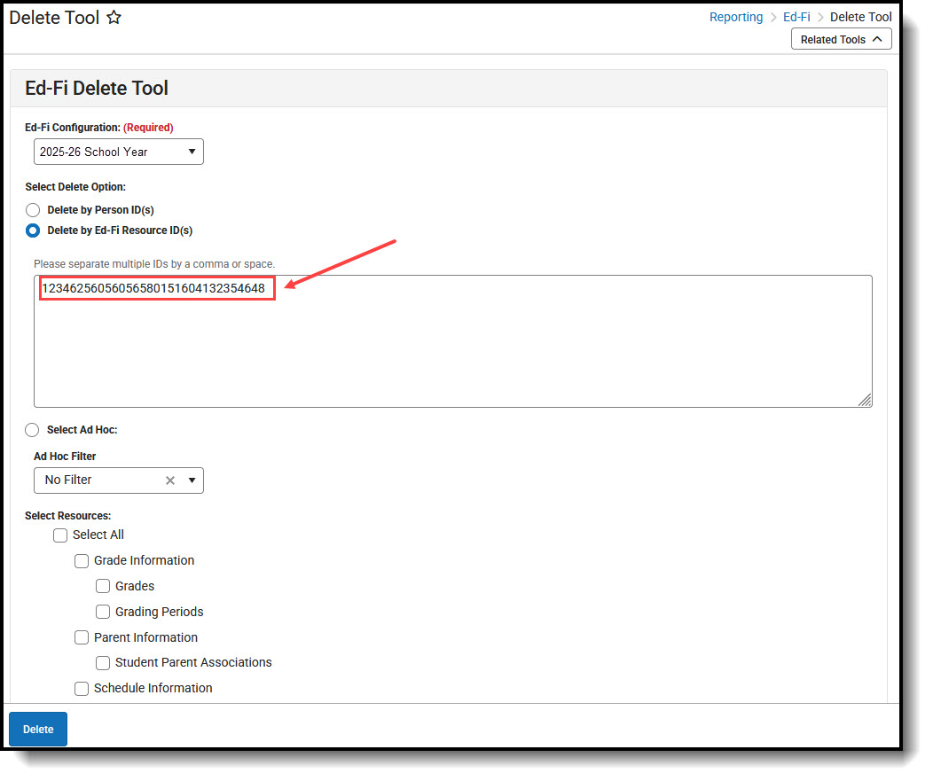 Screenshot of deleting by Ed-Fi Resource ID.