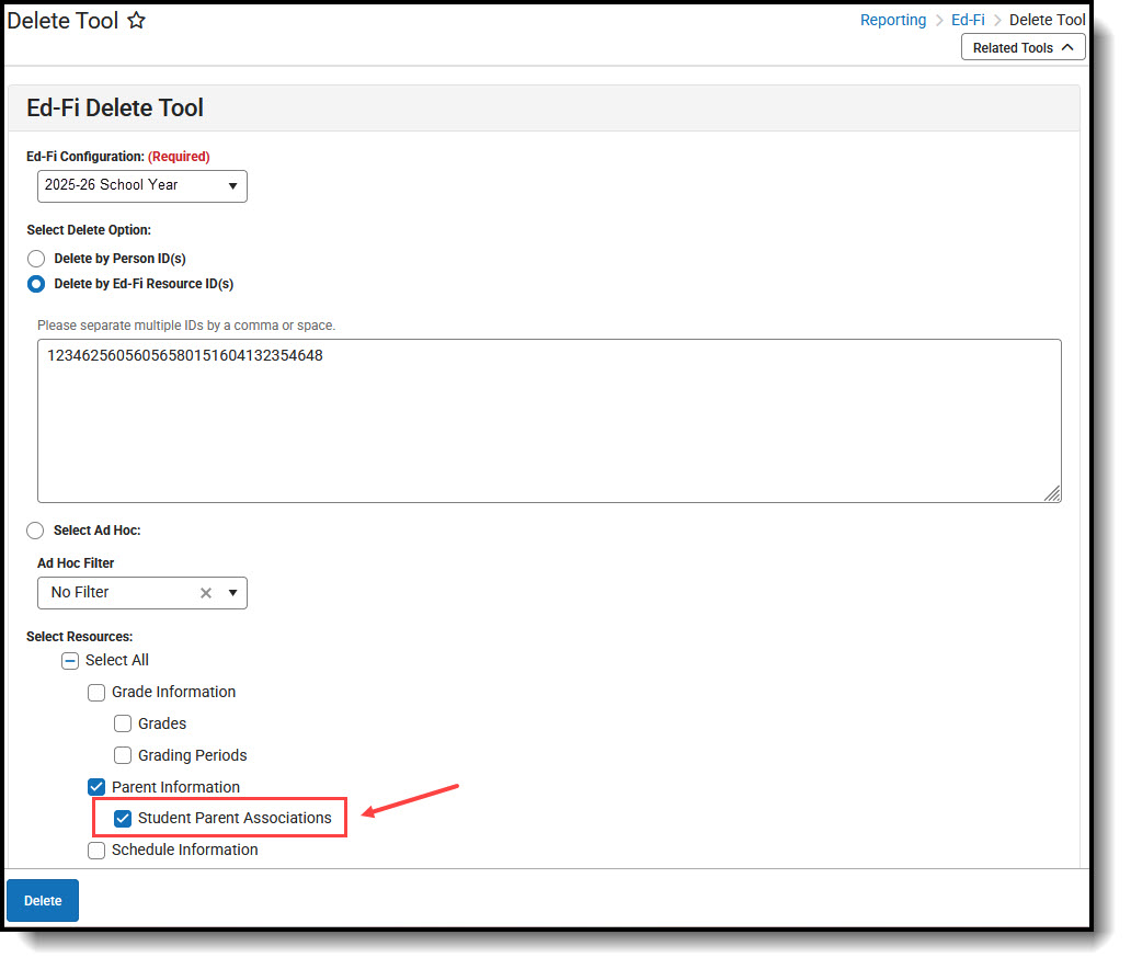 Screenshot of selecting a resource on the Delete tool.