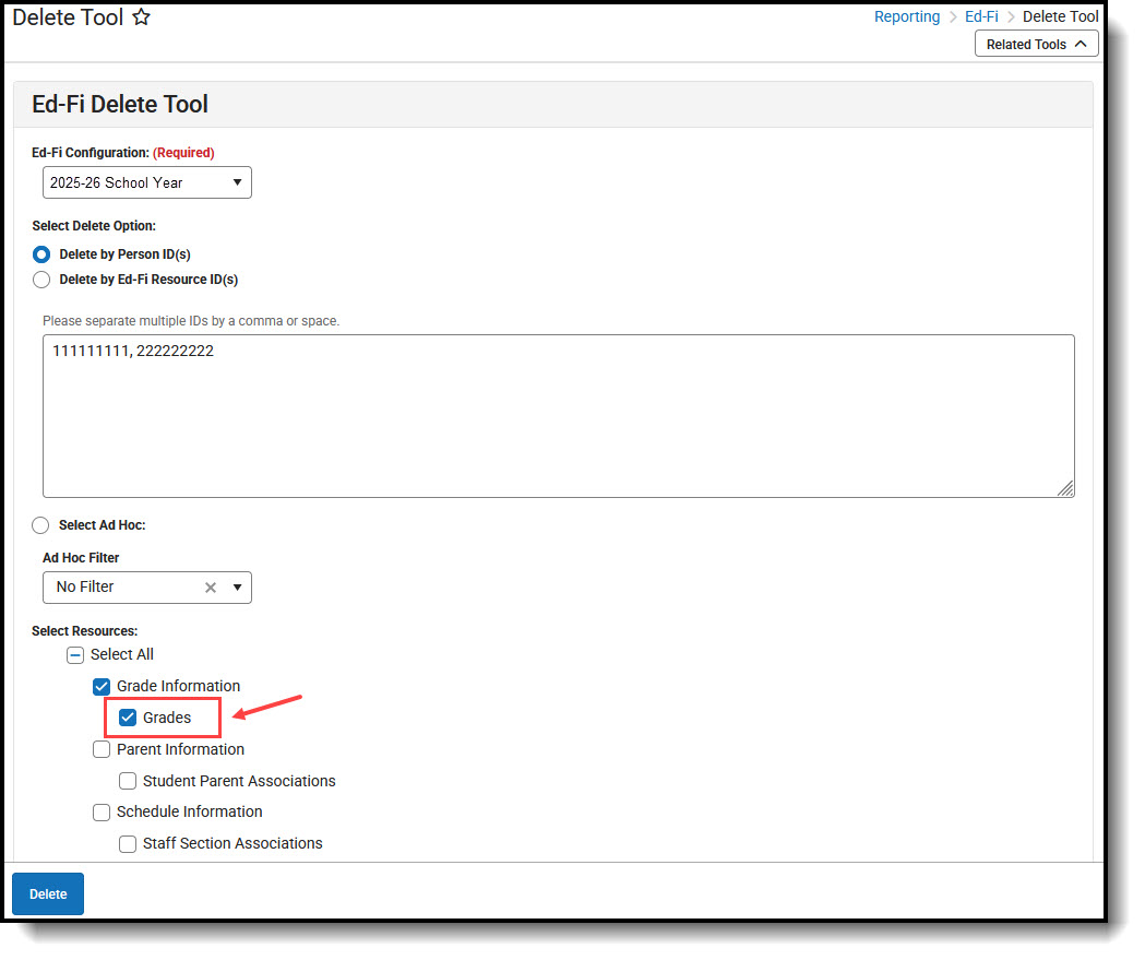 Screenshot of selecting the resources inwhich data will be deleted.
