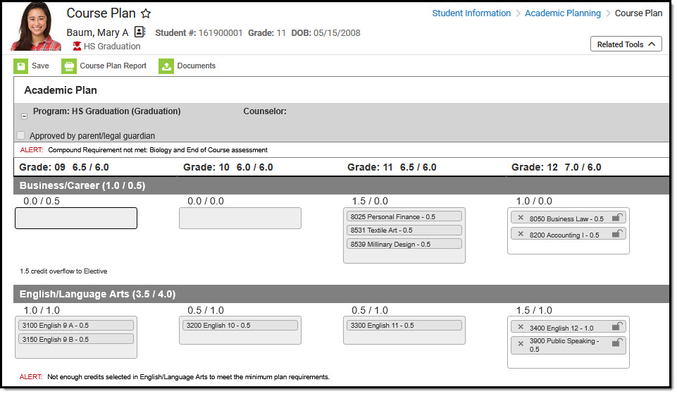 Screenshot of the Academic Planning Course Plan tool.