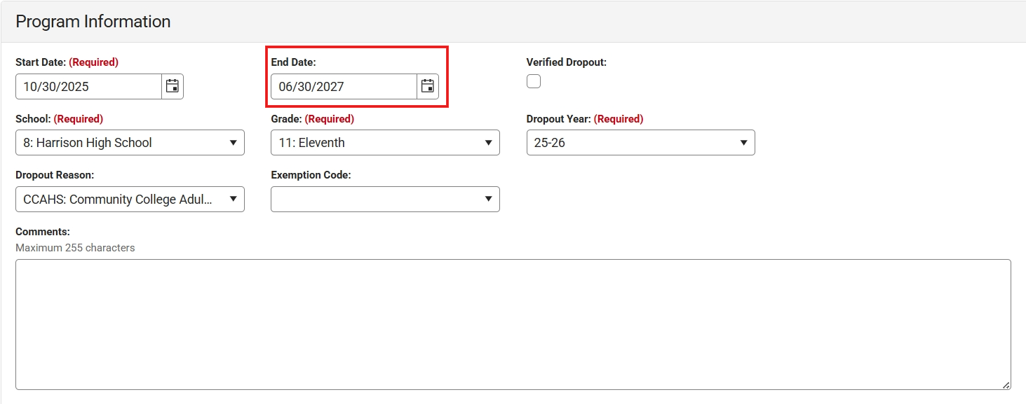 end date dropout program detail