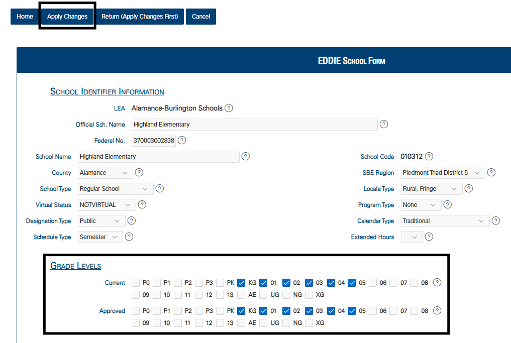 grade level selections for EDDIE