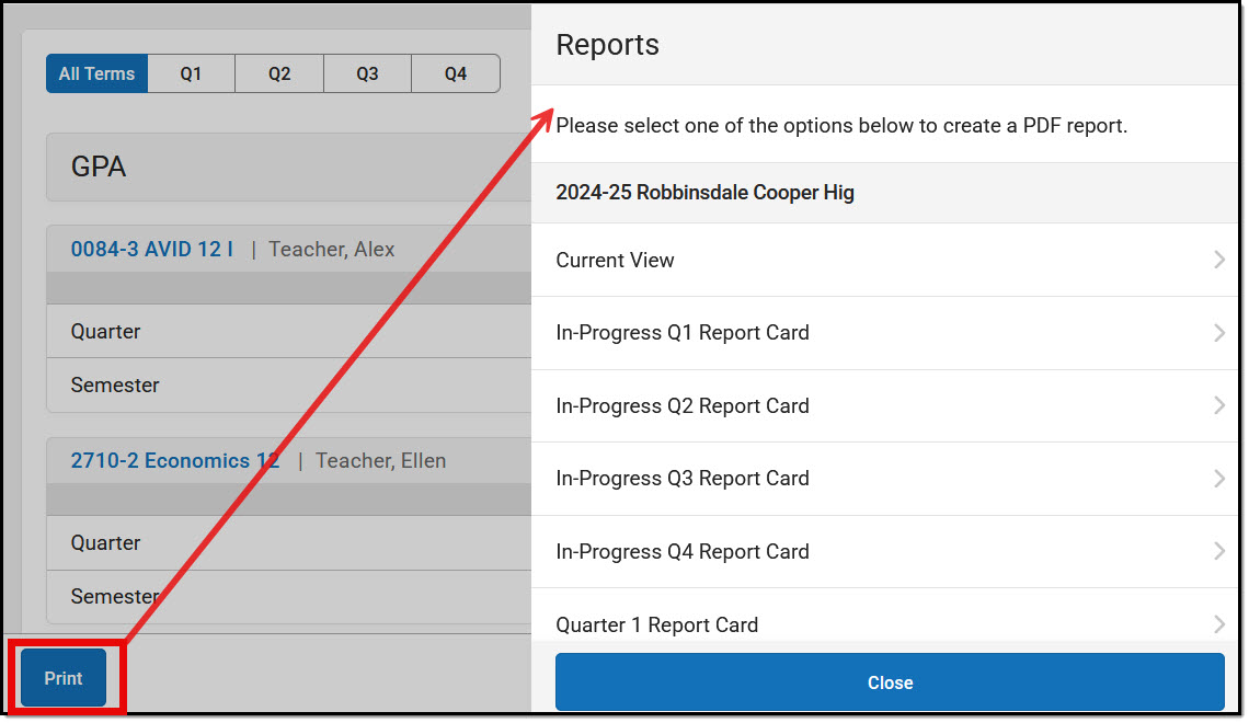 Screenshot highlighting the Reports button at the bottom of the screen and the list of available report cards that displays.