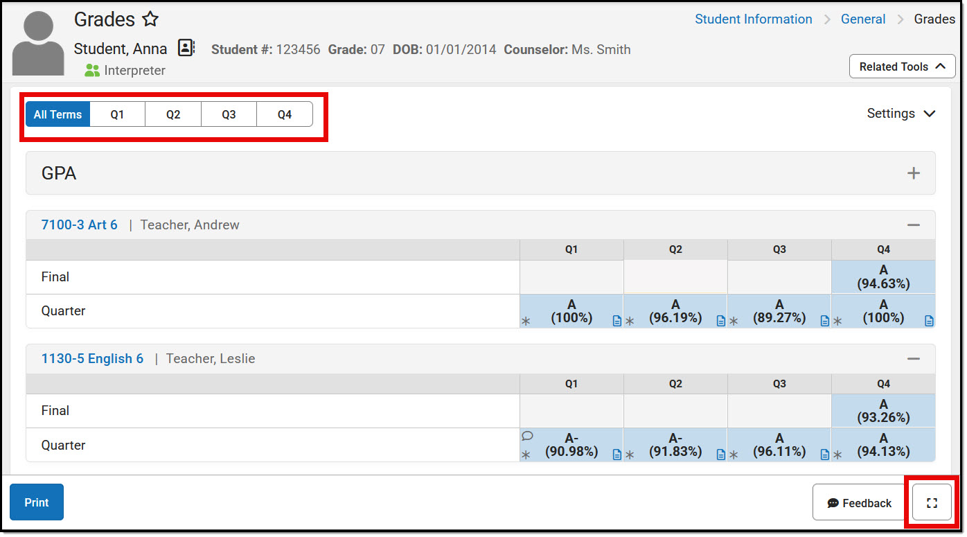 Screenshot of the grades tool highlighting the term filter and page view expand features.