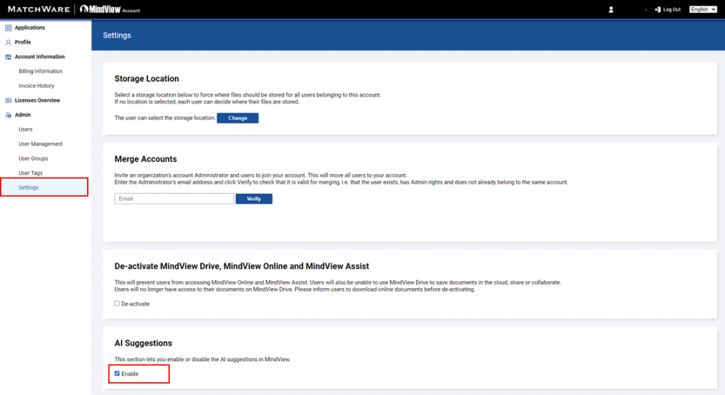 MindView Settings showing the AI options highlighting MindView Settings showing the AI options highlighting