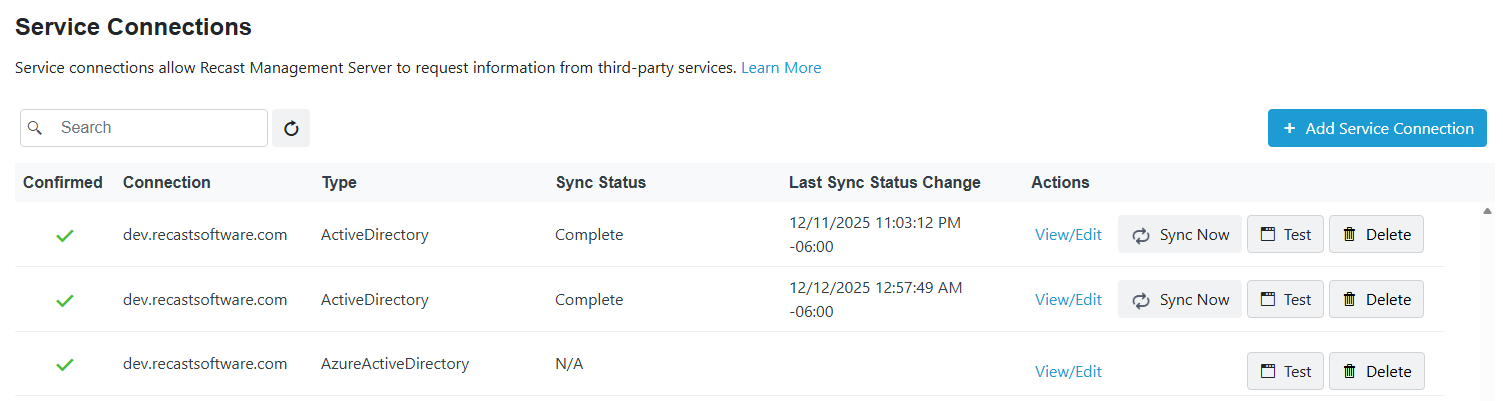 Recast Management Server - Service Connections page