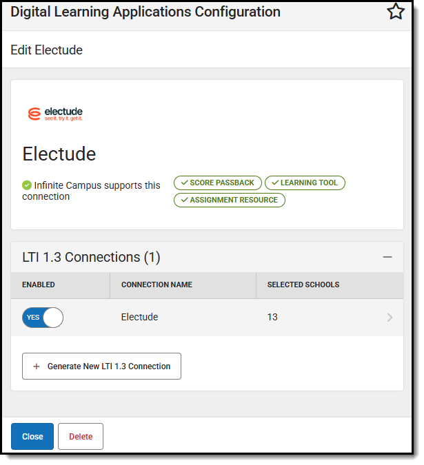 Screenshot of an LTI connection with lozenges indicating enabled functions and two connections for different schools at the district.