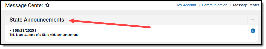 Screen capture of Message Center - State Announcement