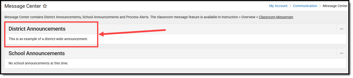 Screenshot of Message Center - District Announcement