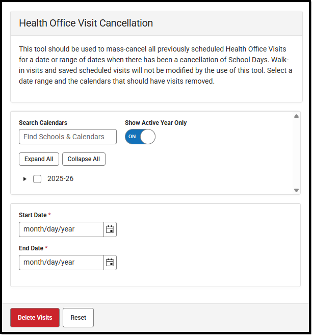 Screenshot of the Health Office Visit Cancellation tool.
