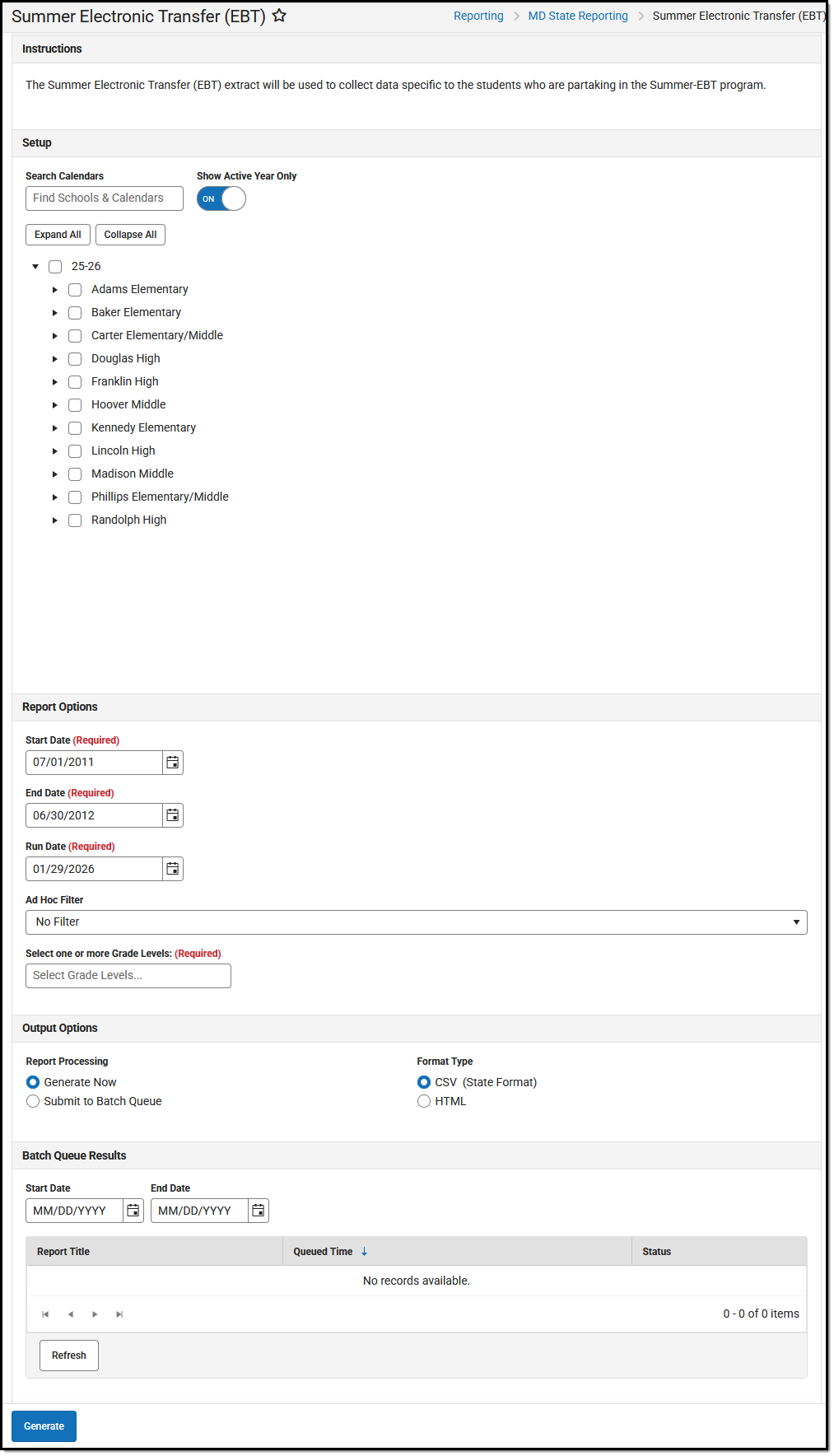 Screenshot of the Maryland Summer EBT extract editor.
