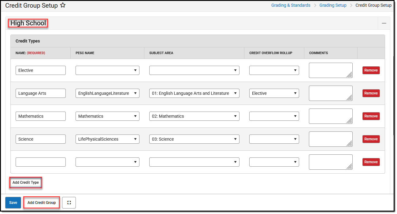 Screenshot of the Credit Group Setup tool.