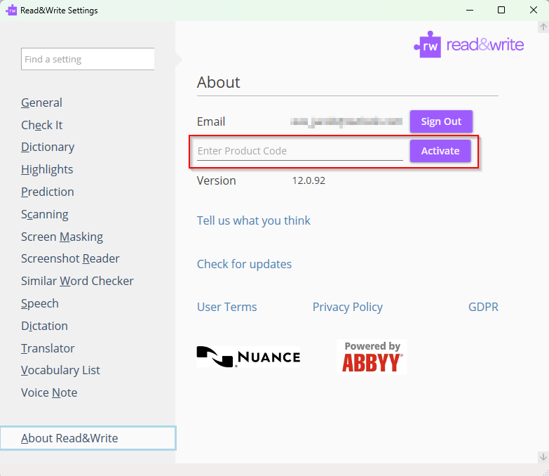 Read&Write for Windows About window. Enter Product Code and click Activate
